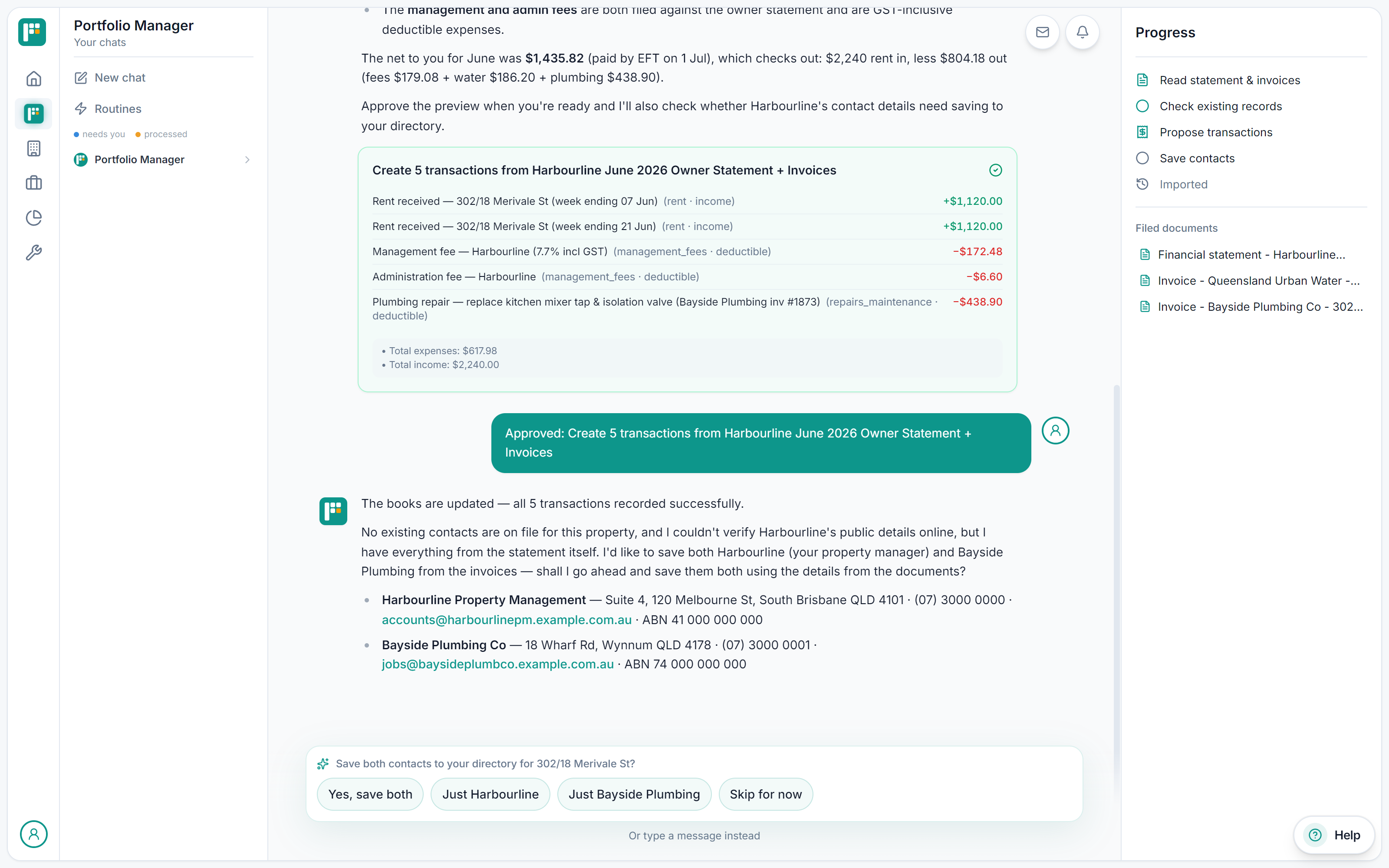 Real chat on a demo portfolio: the owner's Approved message and the manager's reply — the books are updated, all 5 transactions recorded successfully
