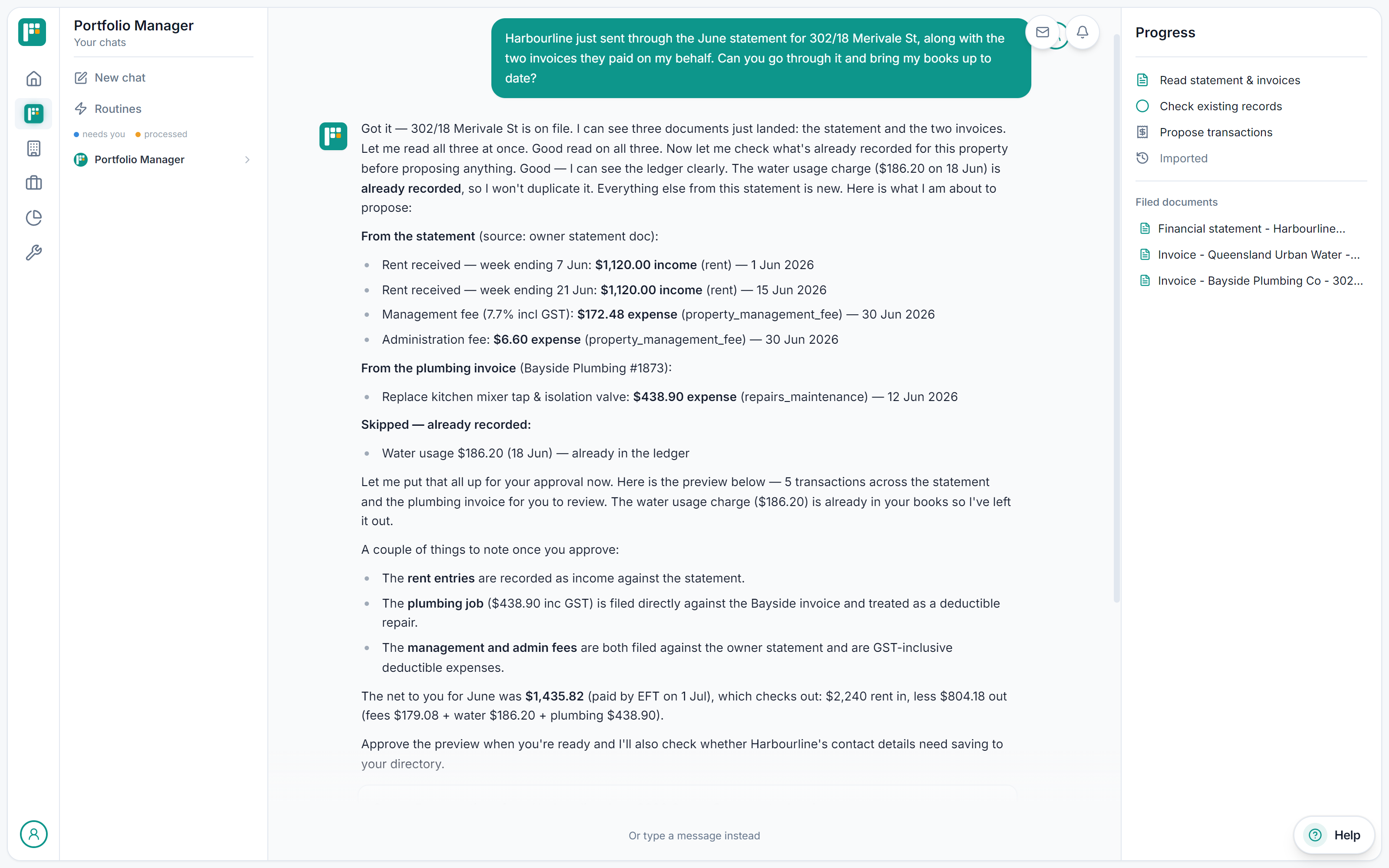 Real Portfolio Manager chat on a demo portfolio: the owner forwards a June agency statement and two invoices, and the agent replies with its written reasoning and the rent, fee and repair lines it found
